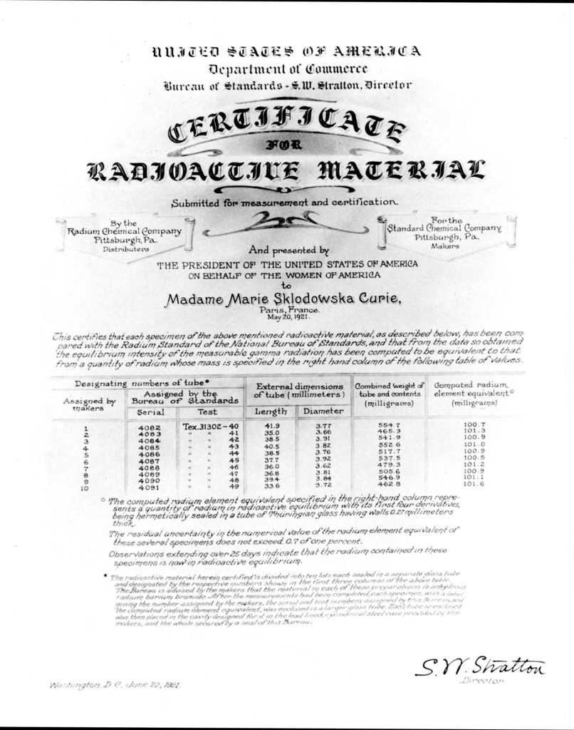 Zertifikat für Radioaktives Material, ausgestellt vom Präsidenten der USA an Marie Curie, 1921