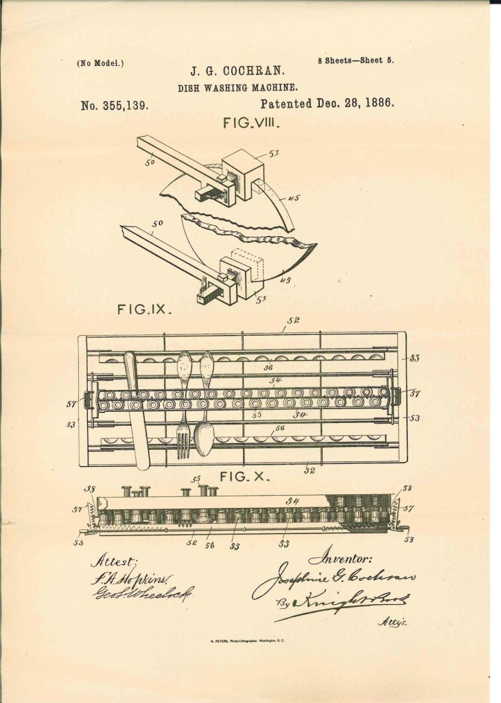 Patent-Zeichnung der Geschirrspülmaschine von Josephine Cochrane, 1886