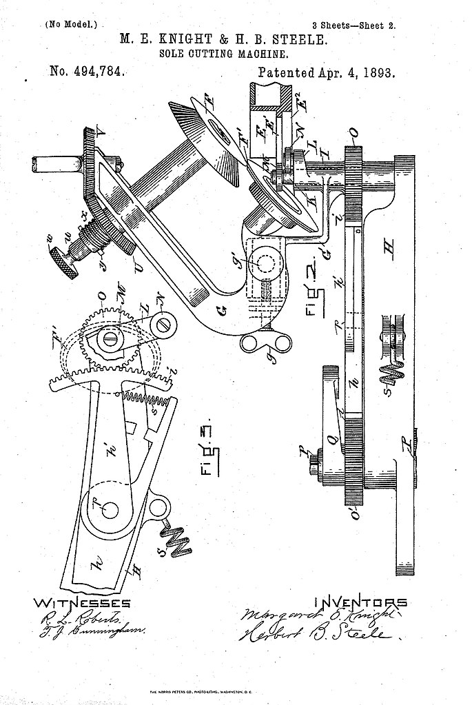 Maschine für das Zuschneiden von Schuhsohlen, Patent von Margaret Knight, 1893