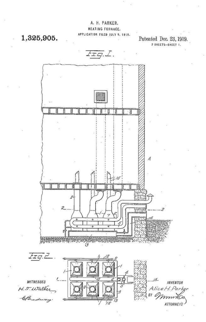 Skizze 1 aus dem US-Patent Nr. 1325904 von Alice H. Parker zur Funktionsweise der von ihr erfundenen gasbetriebenen Zentralheizung