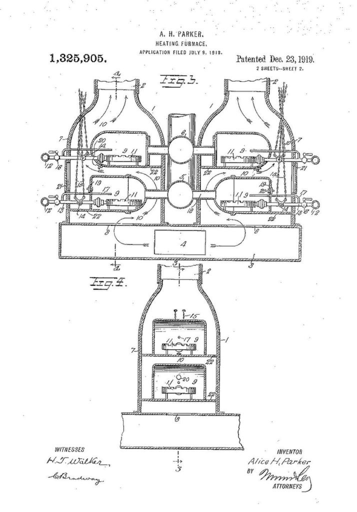 Skizze 2 aus dem US-Patent Nr. 1325904 von Alice H. Parker zur Funktionsweise der von ihr erfundenen gasbetriebenen Zentralheizung