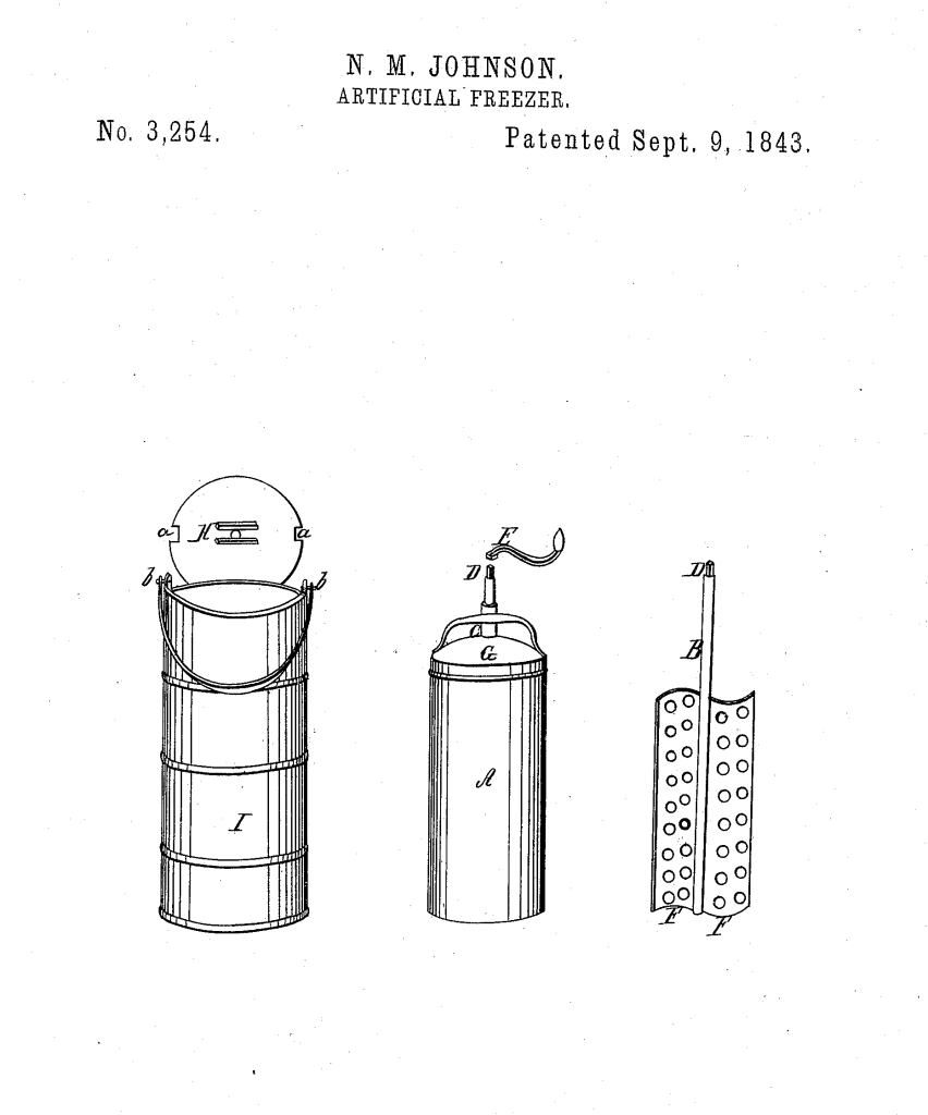 Patentzeichnung der Eismaschine von Nancy Johnson, 1843