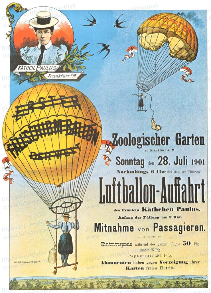 Plakat zu Käthe Paulus Luftballon-Auffahrt am 28. Juli 1901
