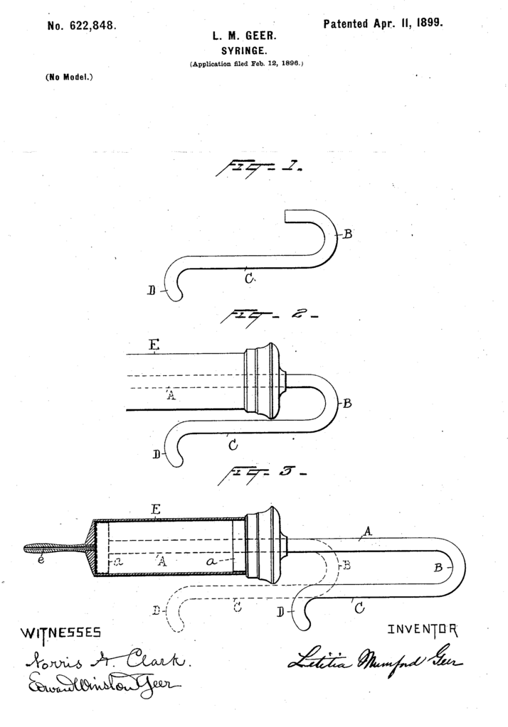 US-Patent der Medizinischen Spritze von Letitia Mumford Geer, 1899